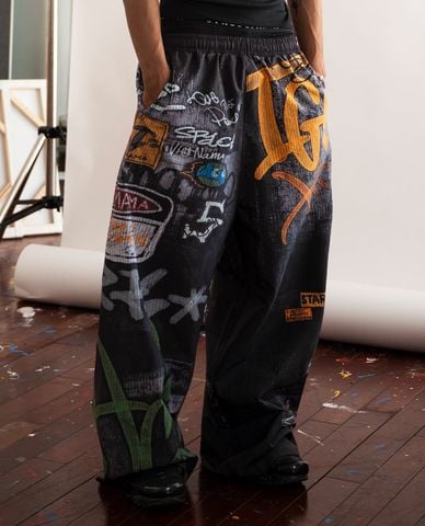  STRESSMAMA - Quần unisex ống rộng in nghệ thuật Graffiti 