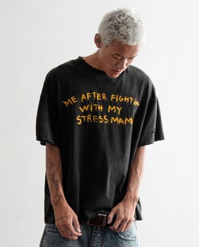  STRESSMAMA - Áo thun unisex cổ tròn tay ngắn in chữ Thunder 