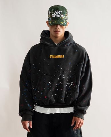  STRESSMAMA - Áo hoodie unisex tay dài vẩy sơn thêu logo 