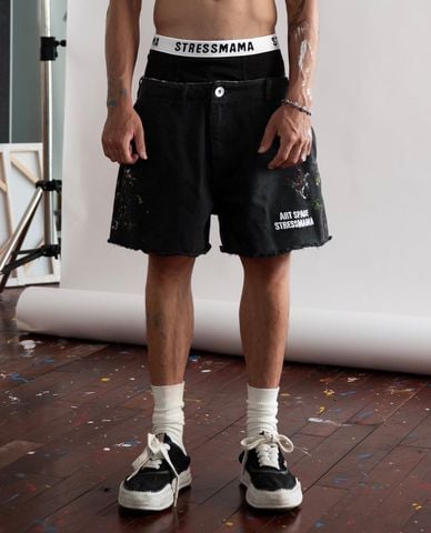 STRESSMAMA - Quần short unisex ống rộng rách gấu Splatter 