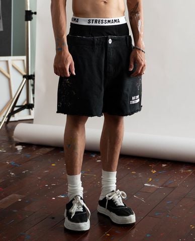  STRESSMAMA - Quần short unisex ống rộng rách gấu Splatter 