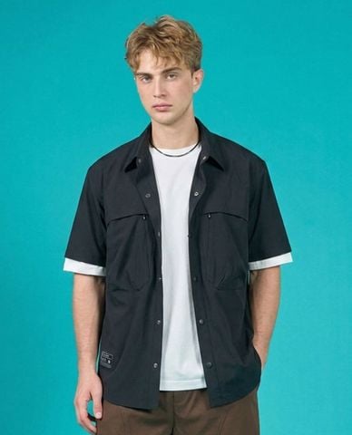  KANGOL - Áo sơ mi unisex cổ bẻ tay ngắn túi hộp 