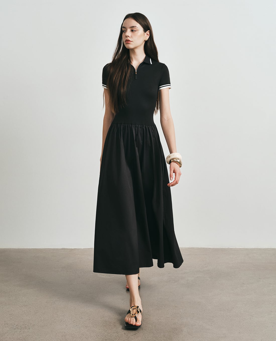 DEZUS - Đầm midi cổ bẻ tay dài phối khóa zip Jisyr