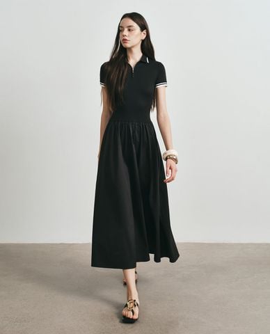  DEZUS - Đầm midi cổ bẻ tay dài phối khóa zip Jisyr 