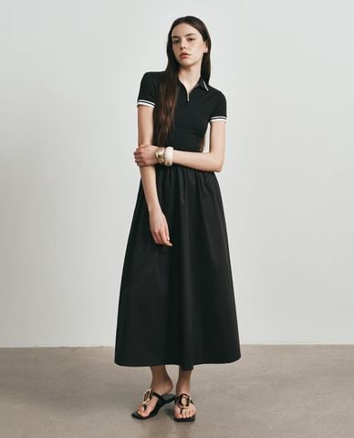  DEZUS - Đầm midi cổ bẻ tay dài phối khóa zip Jisyr 