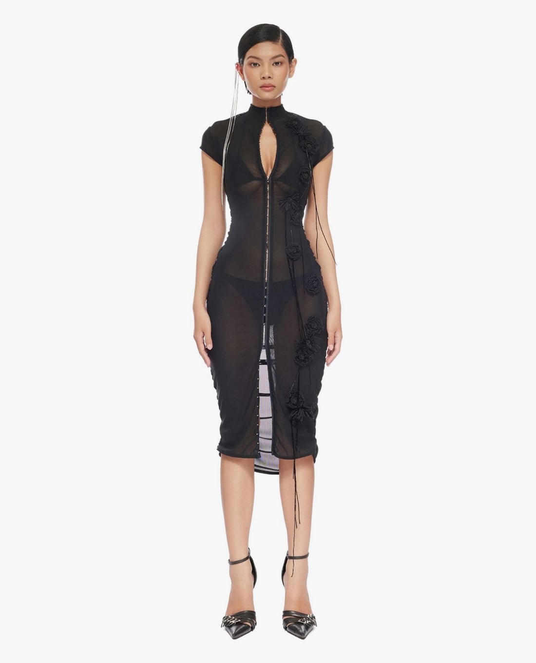 FANCì CLUB - Đầm midi cổ đứng tay ngắn thêu hoa Wild Floral