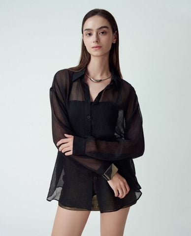  DEZUS - Áo sơ mi nữ cổ bẻ tay dài xuyên thấu Lailin 