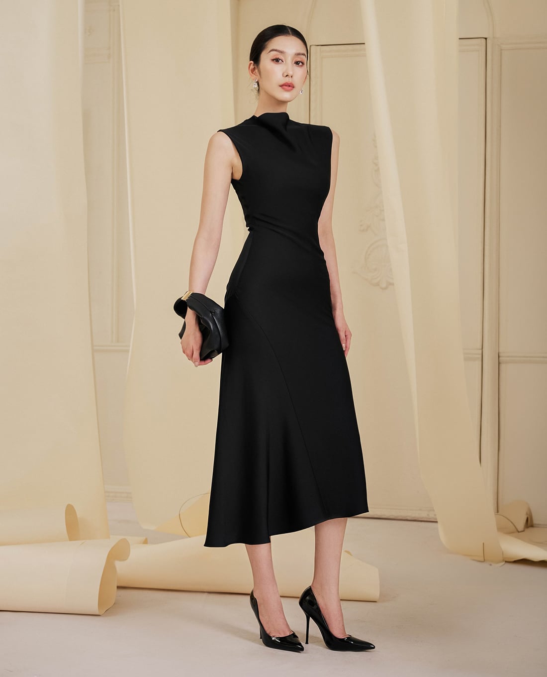 LARMES - Đầm sát nách midi cổ cao dáng xòe Inez