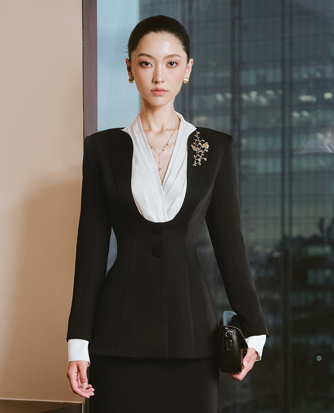 LARMES - Áo khoác blazer nữ cổ chữ U chiết eo Catherine
