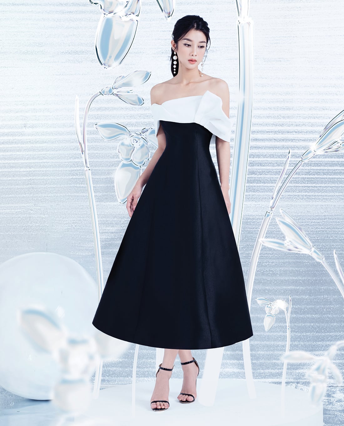 LARMES - Đầm trễ vai midi phối màu tương phản Emily