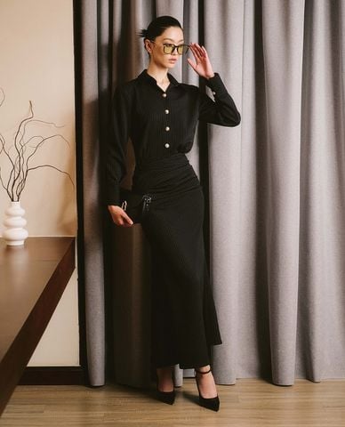  LARMES - Đầm sơ mi midi tay dài kẻ sọc Coralie 