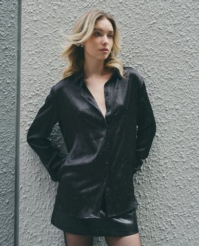  DEZUS - Áo sơ mi nữ cổ bẻ tay dài đính sequin Clat 