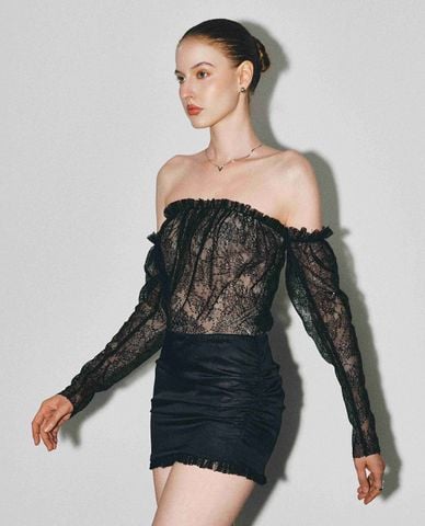  DEZUS - Đầm trễ vai mini phối ren Eleste 