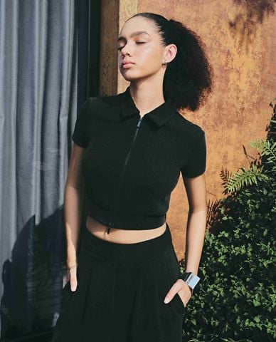  DEZUS - Áo croptop nữ cổ bẻ tay ngắn phối khóa zip Tonie 