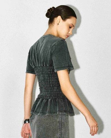  DEZUS - Áo kiểu nữ cổ tròn tay ngắn xếp tầng Lanie 