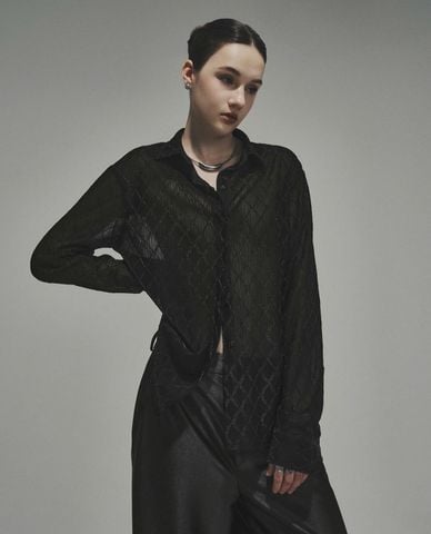  DEZUS - Áo sơ mi nữ cổ bẻ tay dài xuyên thấu 