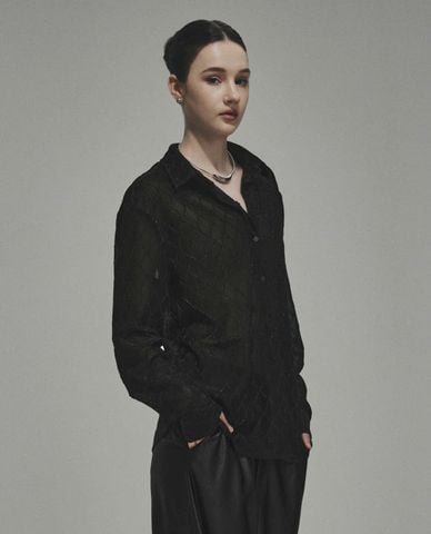  DEZUS - Áo sơ mi nữ cổ bẻ tay dài xuyên thấu 