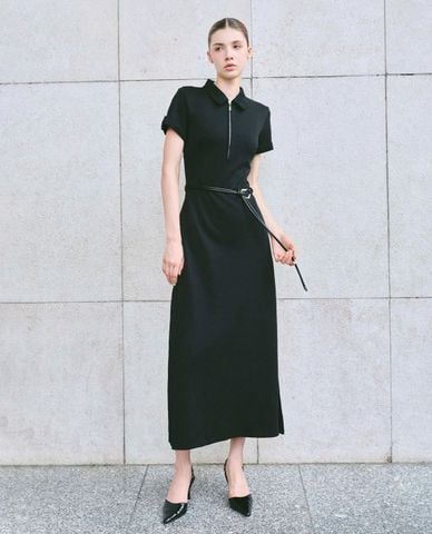  DEZUS - Đầm midi cổ bẻ khóa kéo kèm dây thắt Jessi 