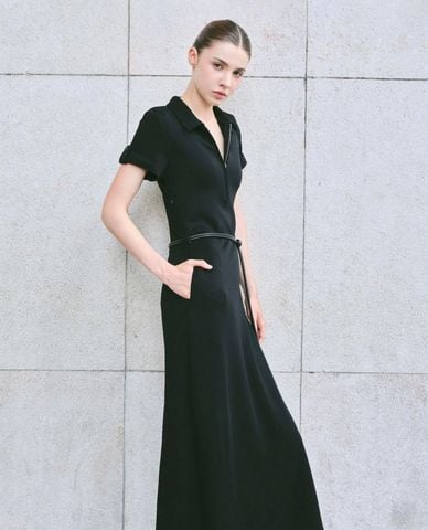  DEZUS - Đầm midi cổ bẻ khóa kéo kèm dây thắt Jessi 