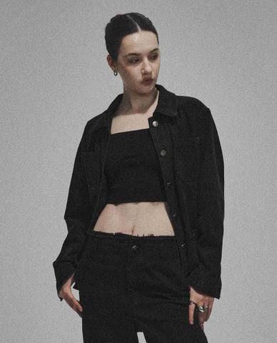  DEZUS - Áo khoác denim nữ cổ bẻ tay dài phối túi Blumari 