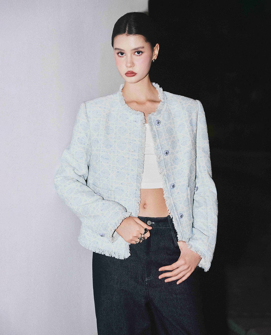 DEZUS - Áo khoác tweed nữ tay dài viền tua rua Allipe