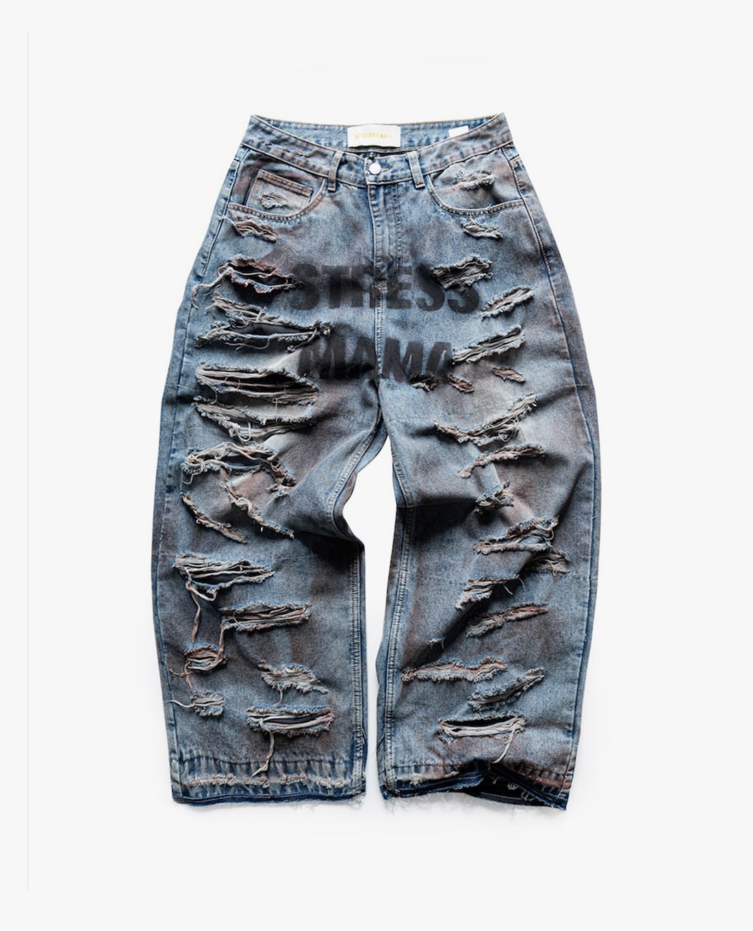 STRESSMAMA - Quần jeans unisex ống rộng rách gối wash bạc