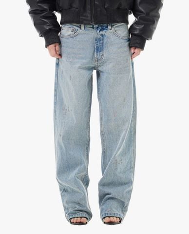  STRESSMAMA - Quần jeans unisex ống rộng wash bạc 