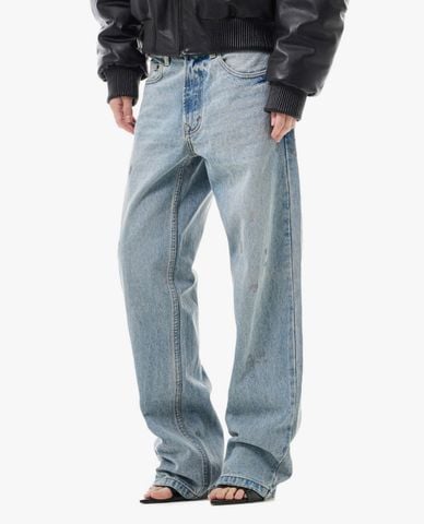  STRESSMAMA - Quần jeans unisex ống rộng wash bạc 