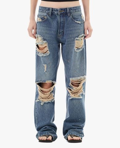  STRESSMAMA - Quần jeans unisex ống rộng rách gối 