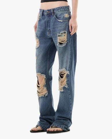  STRESSMAMA - Quần jeans unisex ống rộng rách gối 