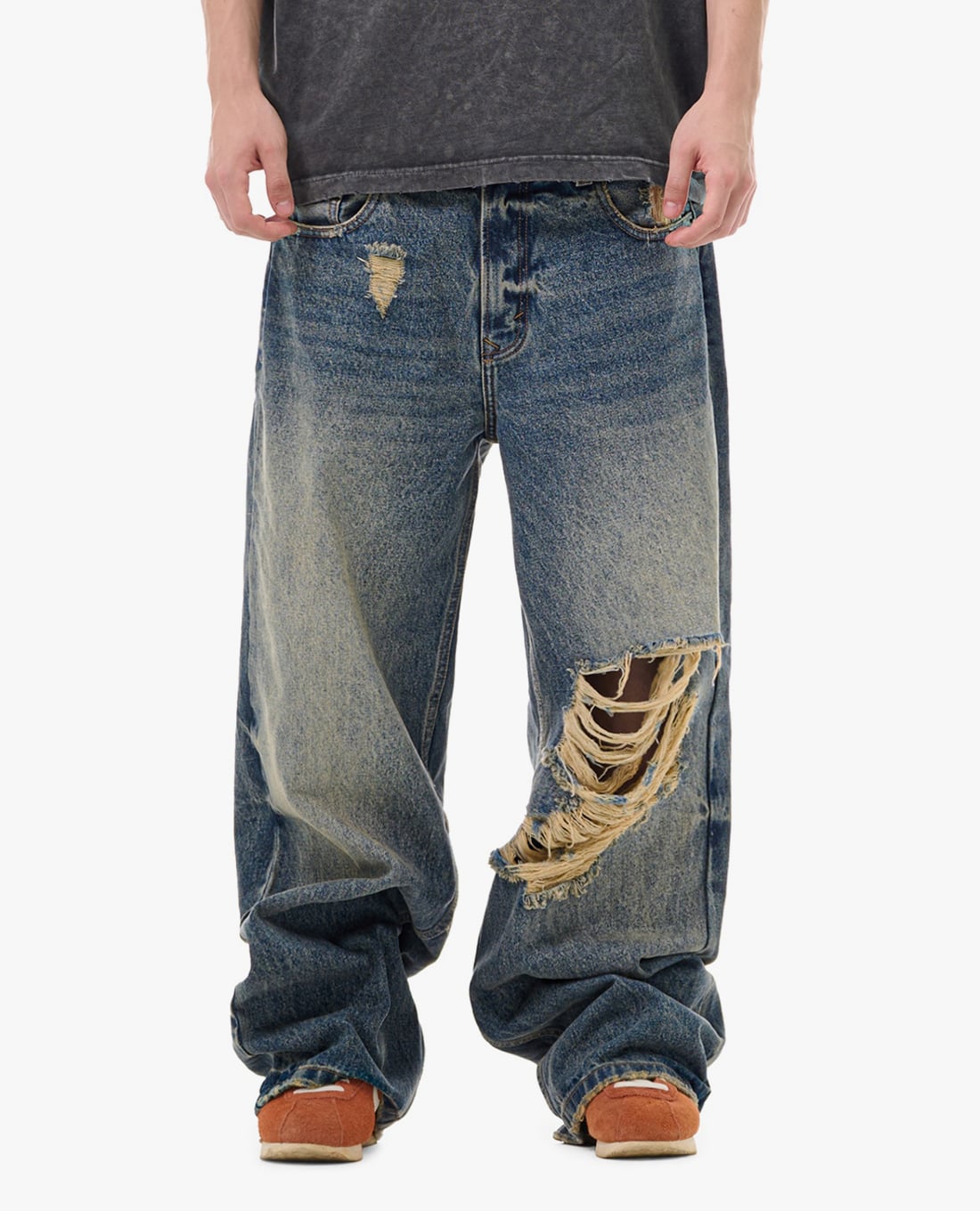 STRESSMAMA - Quần jeans unisex ống rộng rách gối