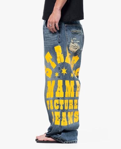  STRESSMAMA - Quần jeans unisex ống rộng wash bạc phối họa tiết 