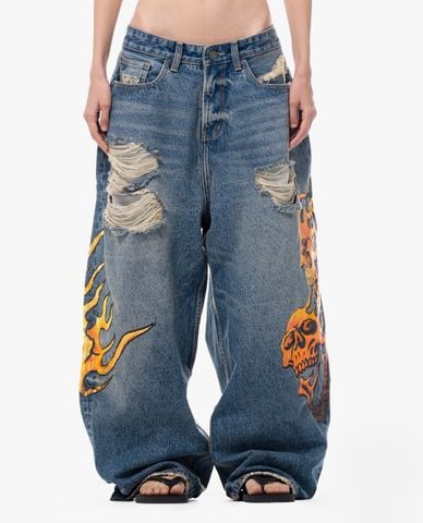  STRESSMAMA - Quần jeans unisex ống rộng Skull 
