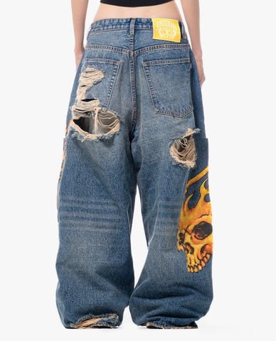  STRESSMAMA - Quần jeans unisex ống rộng Skull 