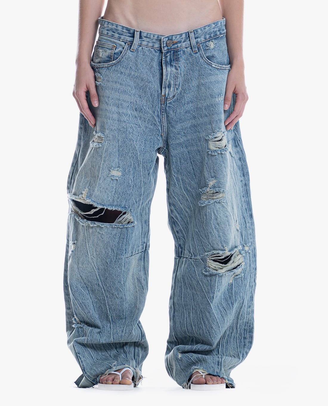 STRESSMAMA - Quần jeans unisex ống rộng Distressed