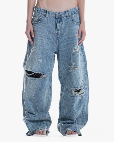  STRESSMAMA - Quần jeans unisex ống rộng Distressed 