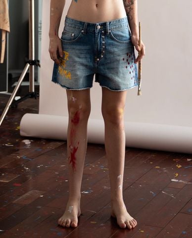  STRESSMAMA - Quần short jeans unisex rách gấu đính đinh tán 