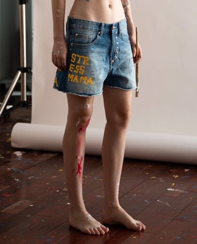  STRESSMAMA - Quần short jeans unisex rách gấu đính đinh tán 