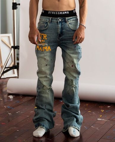  STRESSMAMA - Quần jeans unisex ống loe wash bạc 