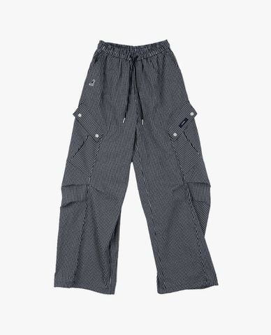  KANGOL - Quần unisex ống rộng sọc caro phối dây rút 