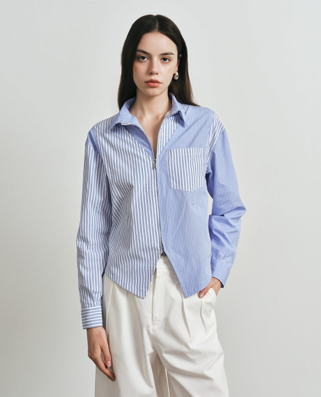 DEZUS - Áo sơ mi nữ cổ bẻ tay dài kẻ sọc Vaelric