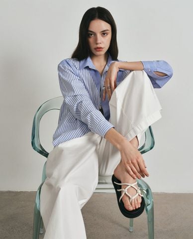  DEZUS - Áo sơ mi nữ cổ bẻ tay dài kẻ sọc Vaelric 