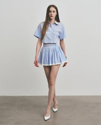  DEZUS - Áo sơ mi nữ kẻ sọc phom croptop Elarion 