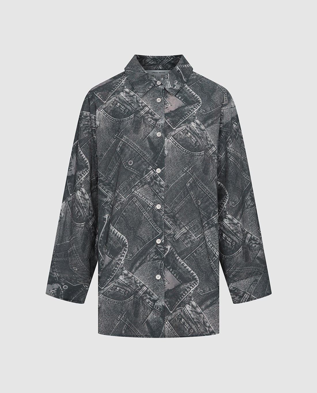 URBAN REVIVO - Áo sơ mi nữ cổ bẻ tay dài họa tiết denim