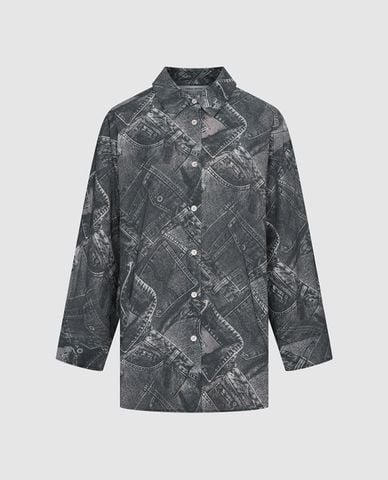  URBAN REVIVO - Áo sơ mi nữ cổ bẻ tay dài họa tiết denim 