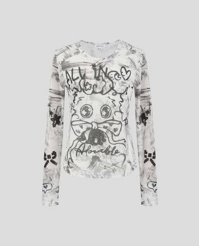  URBAN REVIVO - Áo thun nữ cổ tròn tay dài họa tiết graffiti 