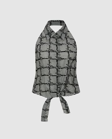  URBAN REVIVO - Áo kiểu nữ cổ bẻ cut out sọc caro 