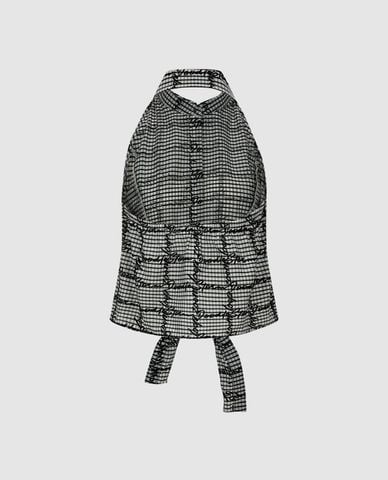  URBAN REVIVO - Áo kiểu nữ cổ bẻ cut out sọc caro 