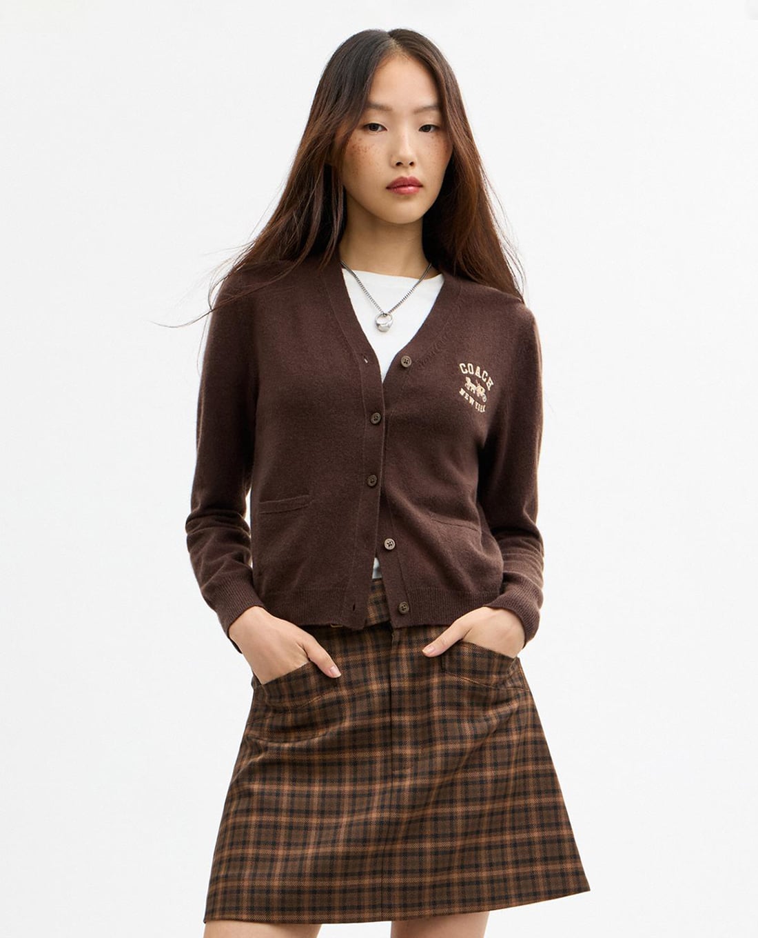 COACH - Áo khoác cardigan nữ cổ V tay dài thêu họa tiết