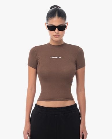  STRESSMAMA - Áo thun nữ cổ tròn tay ngắn phom ôm in logo 